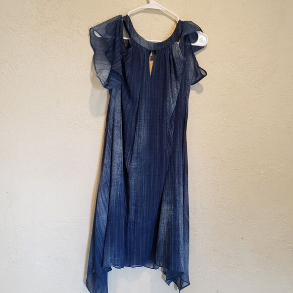CHICO's size 2 medium indigo cold shoulder lined halter dress handkerchief hem - Picture 2 of 7